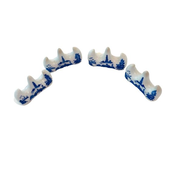 Vintage Chop Stick Rest Stand White Porcelain with Blue Detail Set of 4 - Picture 6 of 6